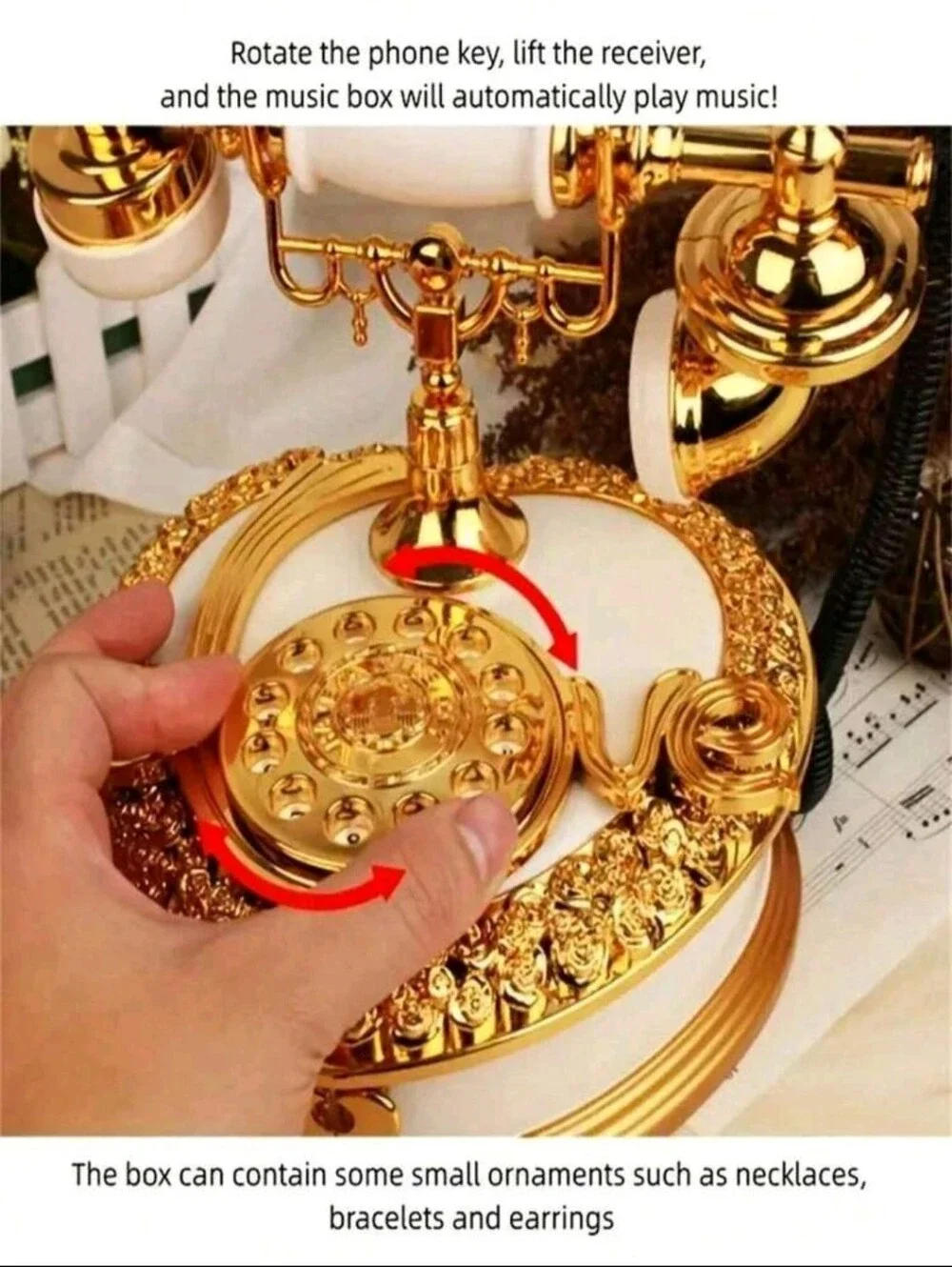 Vintage-Style Gold and White Rotary Telephone MUSIC BOX